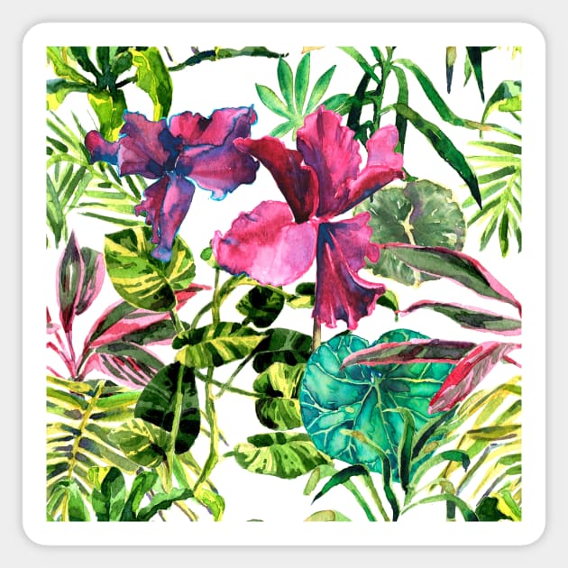 Seamless tropical flower, plant and leaf pattern background Sticker by Olga Berlet